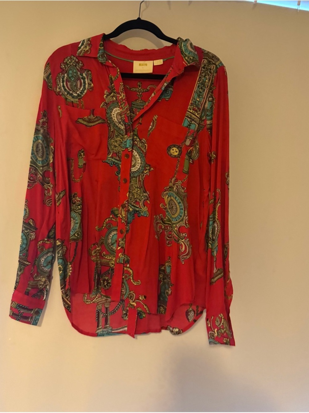 Anthropologie Maeve Red Blouse with Turquoise and Black Accents